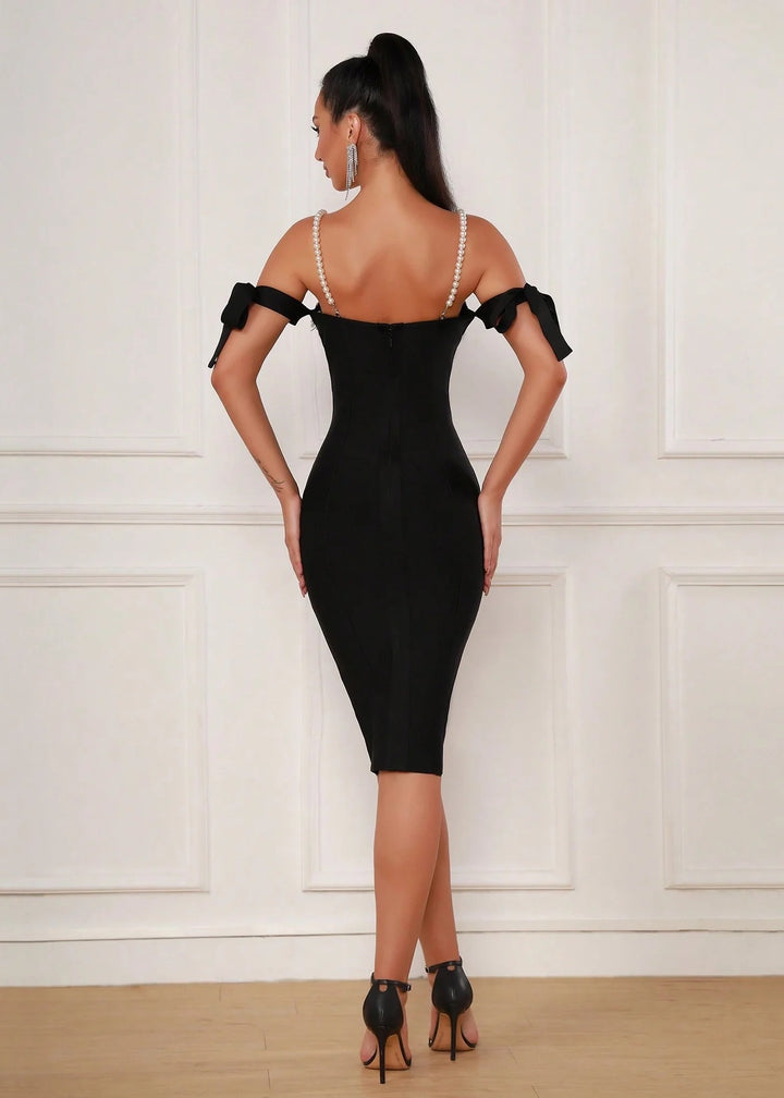Black Off Shoulder Luxury Diamonds Midi Bandage Dress