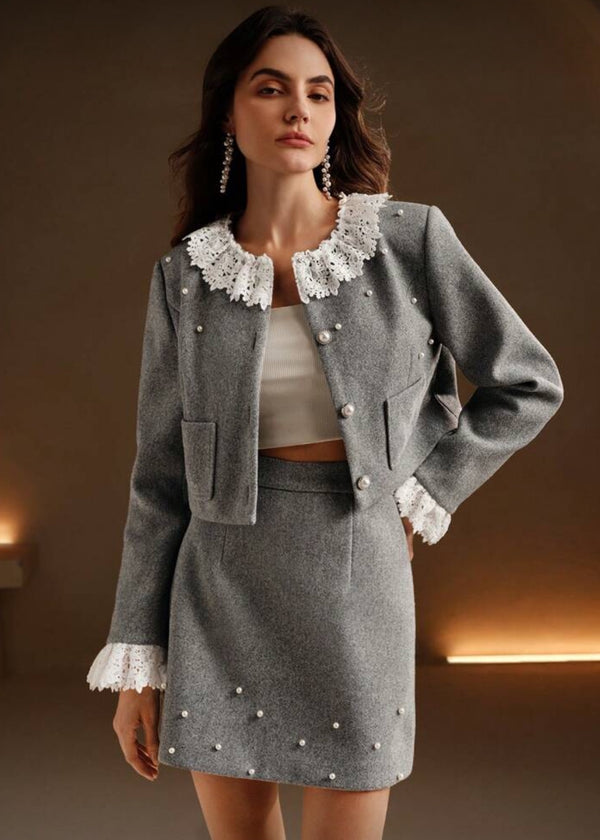 Lace Collar Two Piece Skirt Set