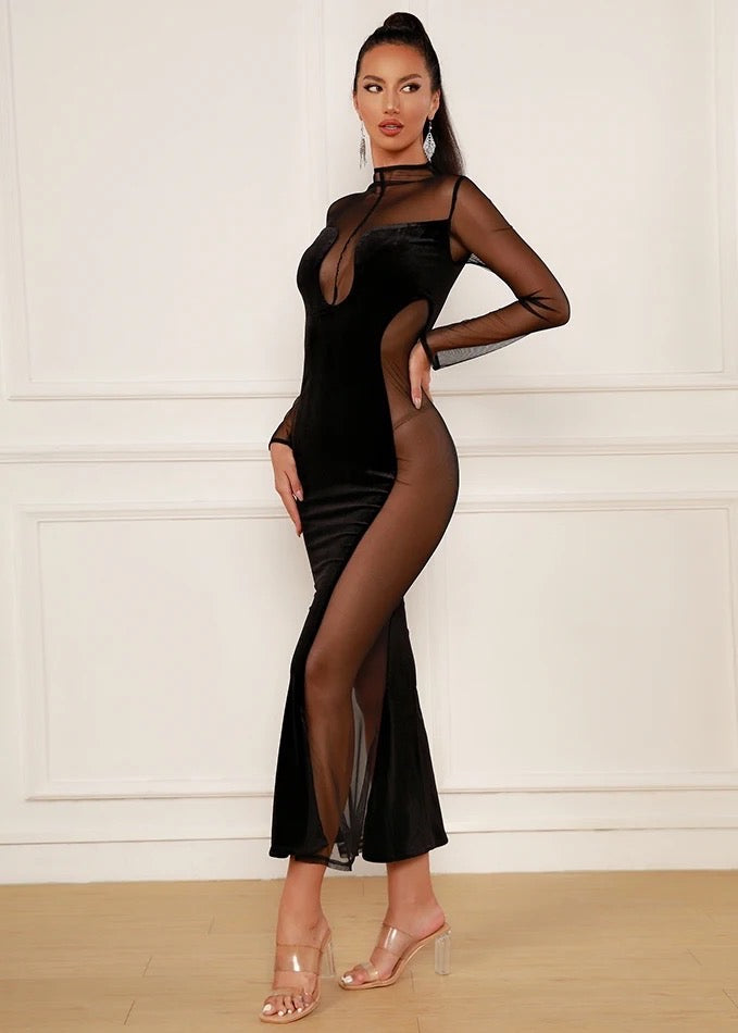 Mesh Insert Long Sleeved Velvet Maxi Dress