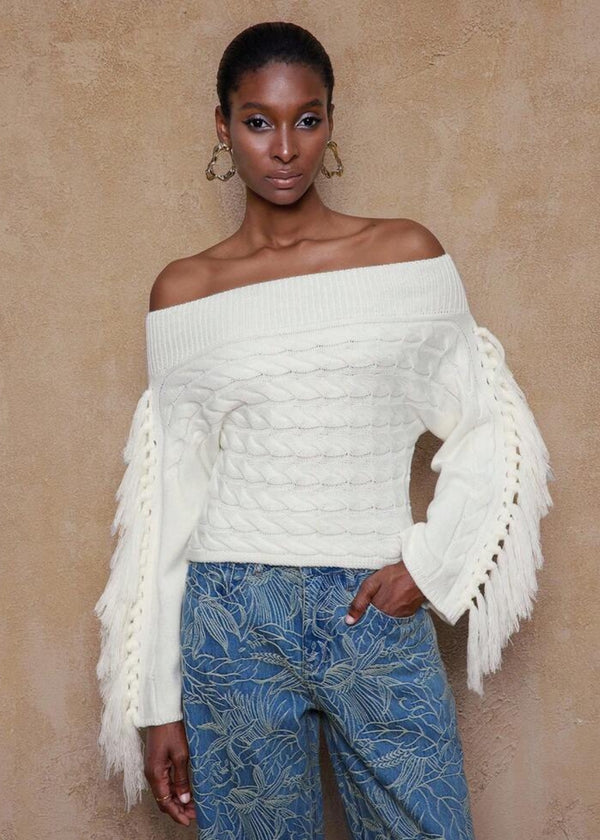 Off-Shoulder Fringe Sleeve Cable Knit Top