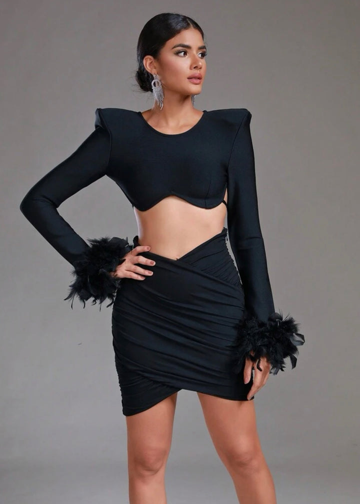 Long Sleeve Feather Ruched Bandage Set