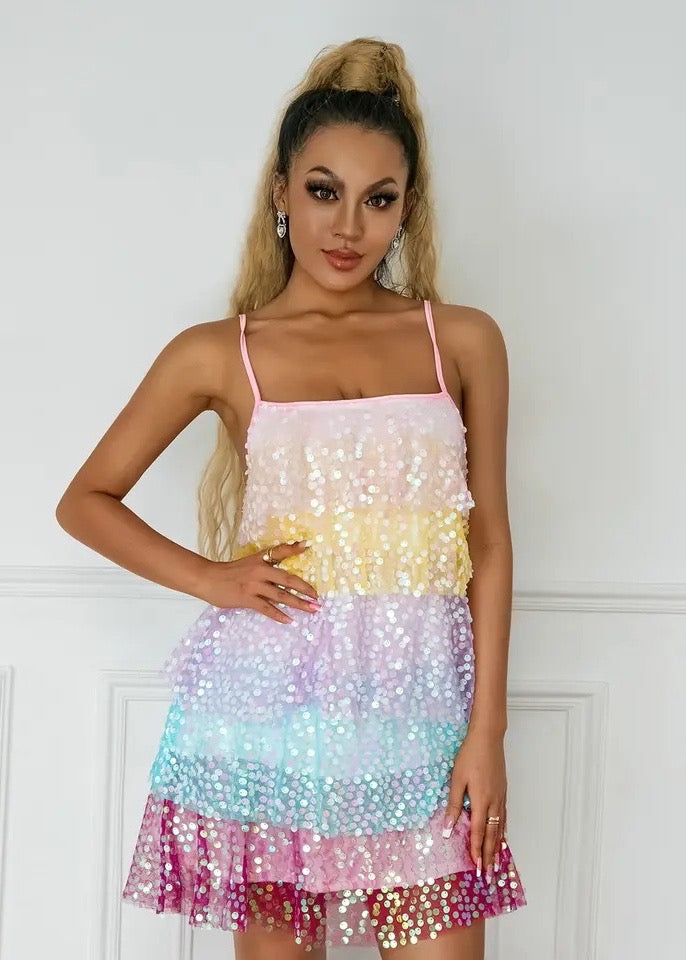 Multicolor Layered Sequin Cami Mini Dress