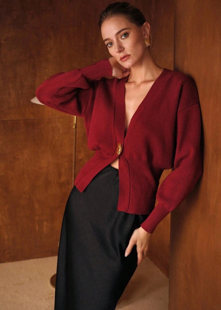 V-Neck Gold Button Rib Knit Cardigan