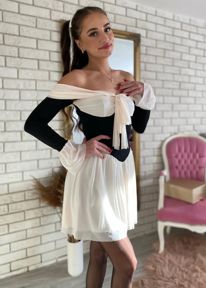 Two Tone Off-Shoulder Tied Front Mini Dress