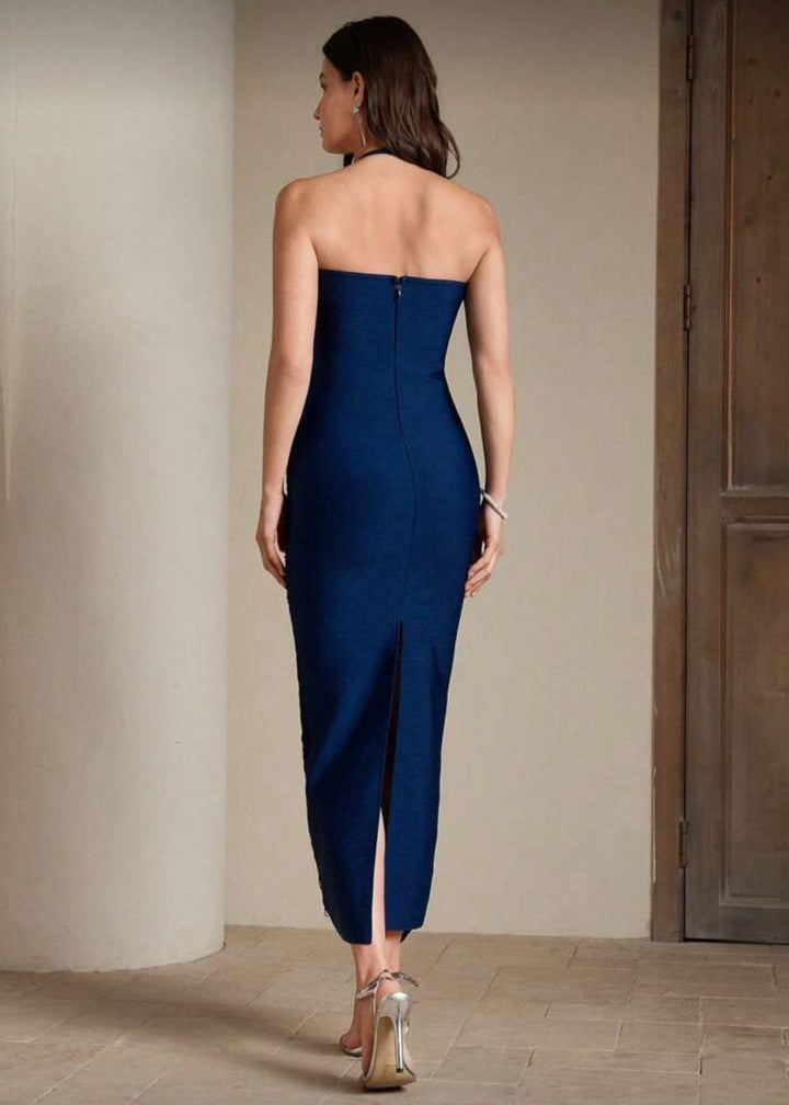 Halterneck Fringe Trim Open Back Gown