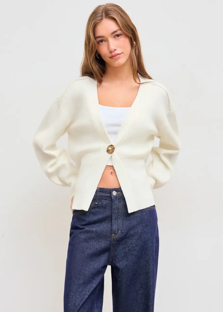V-Neck Gold Button Rib Knit Cardigan