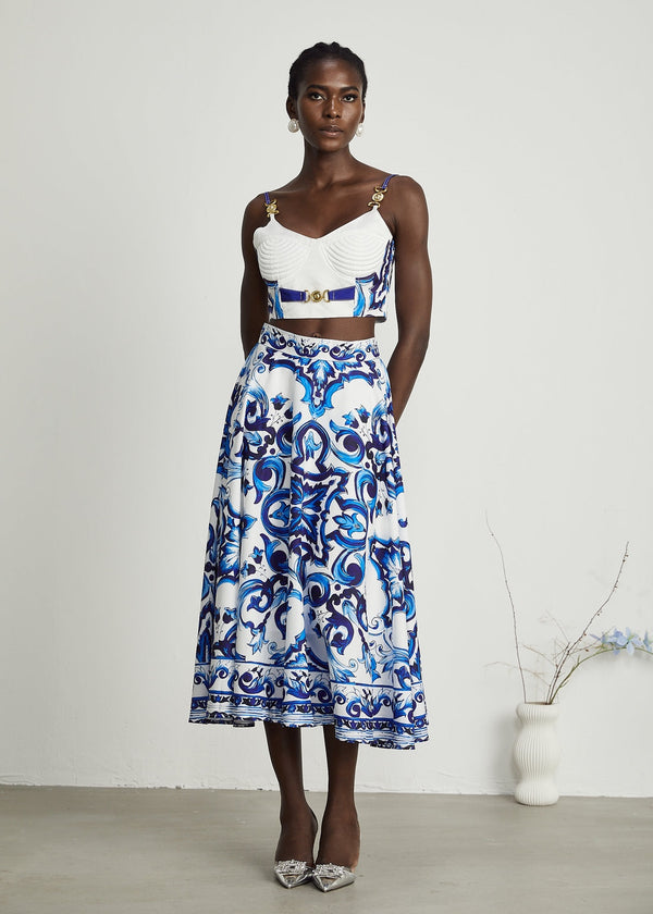 Printed Flared Skirt Structured Crop Top Set