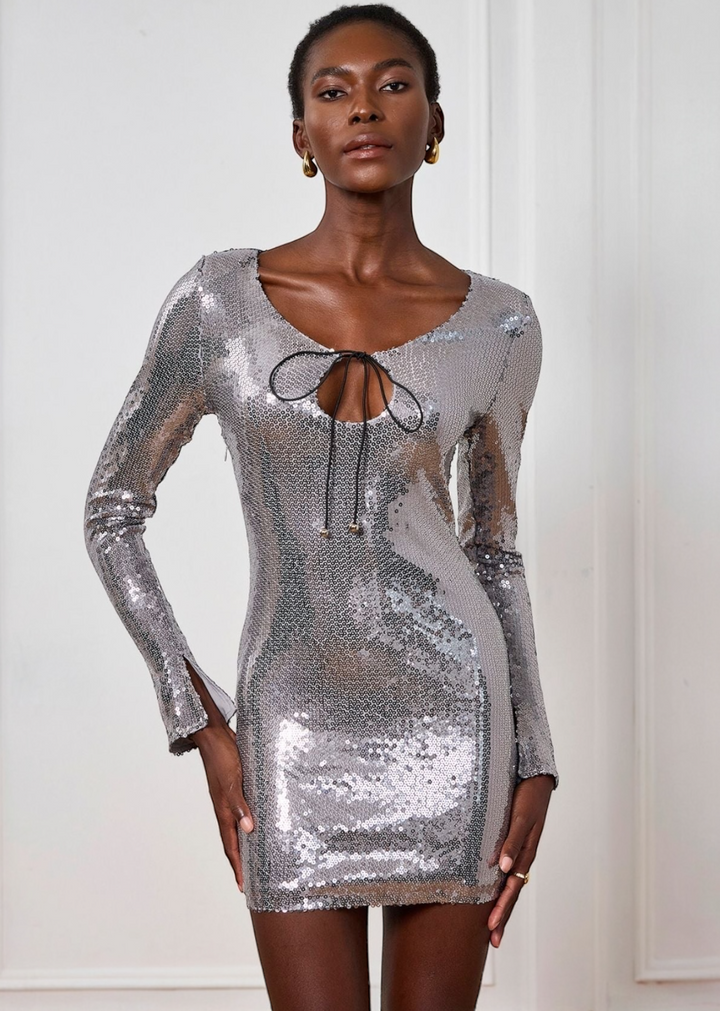 Lace-Up Neckline Long Sleeve Sequin Dress