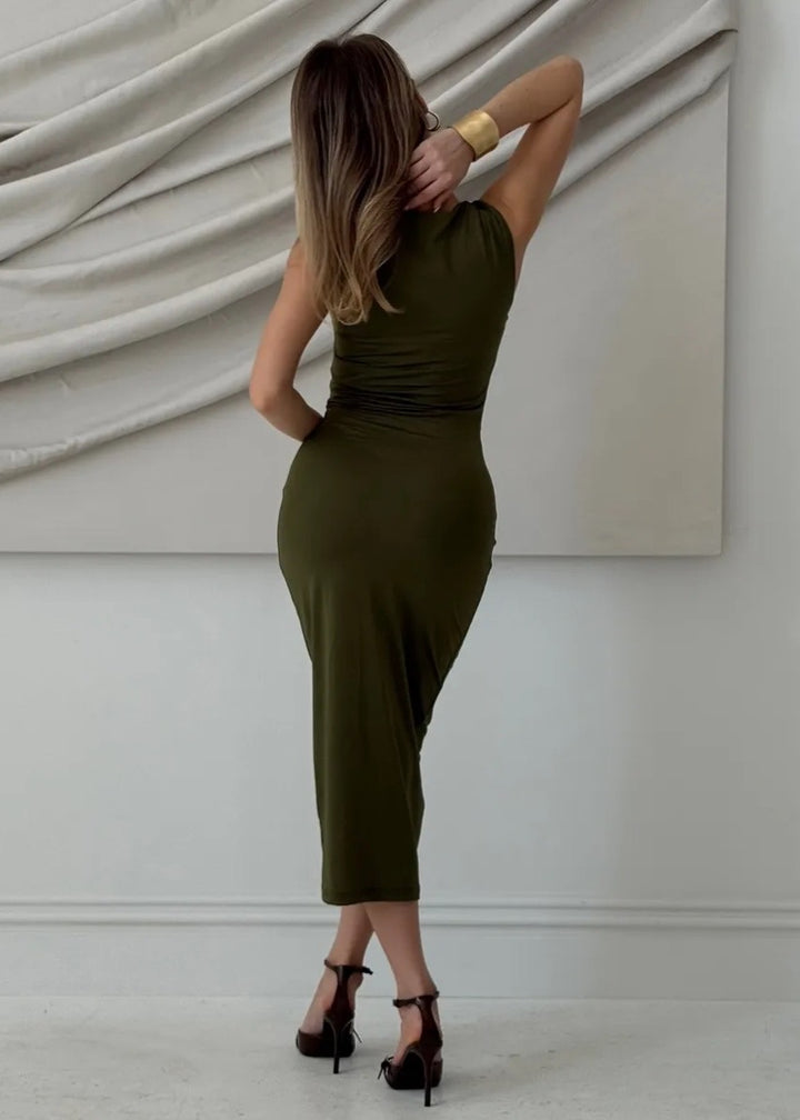 Draped Midi Dress with Gold Accent