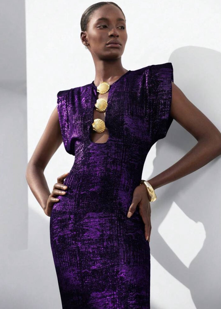 Seashell Button Maxi Shoulder Pad Dress