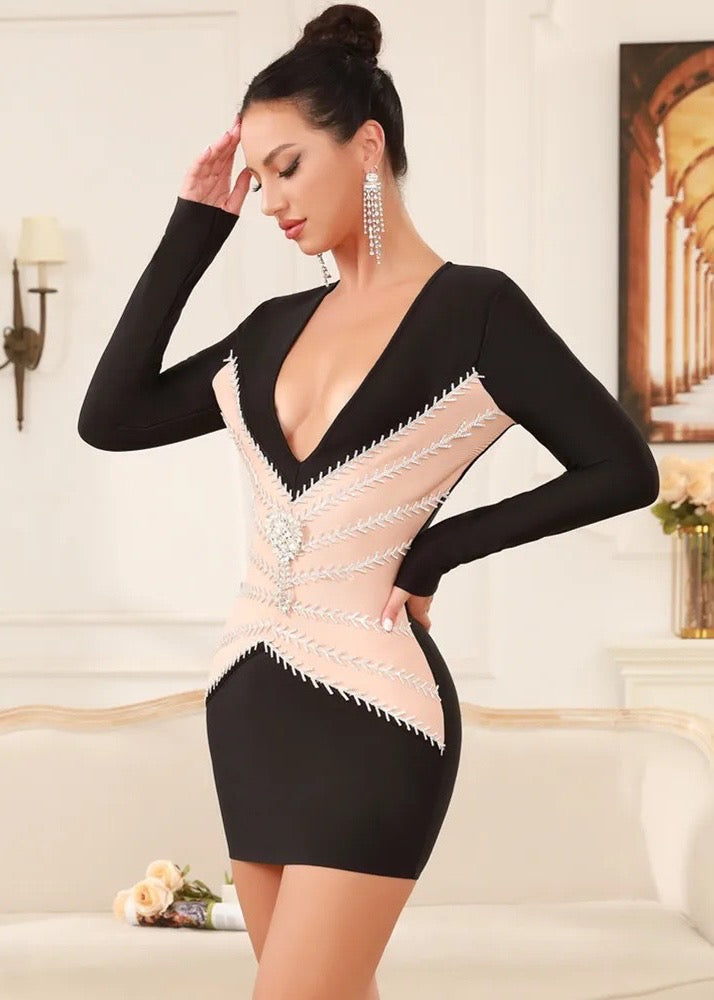 V-Neck Crystal Decor Long Sleeved Bodycon Dress