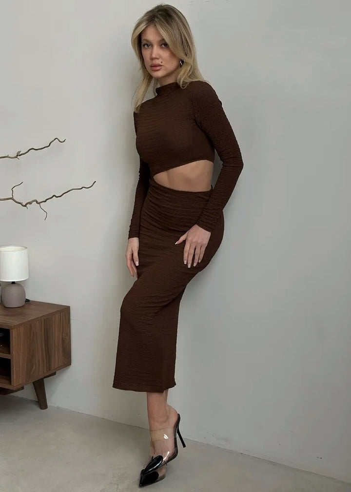 Mock Neck Long Sleeve Cutout Midi Dress