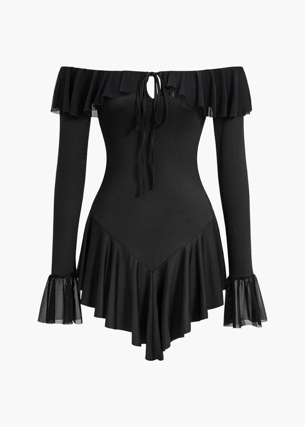 Off Shoulder Mesh Ruffle Mini Dress