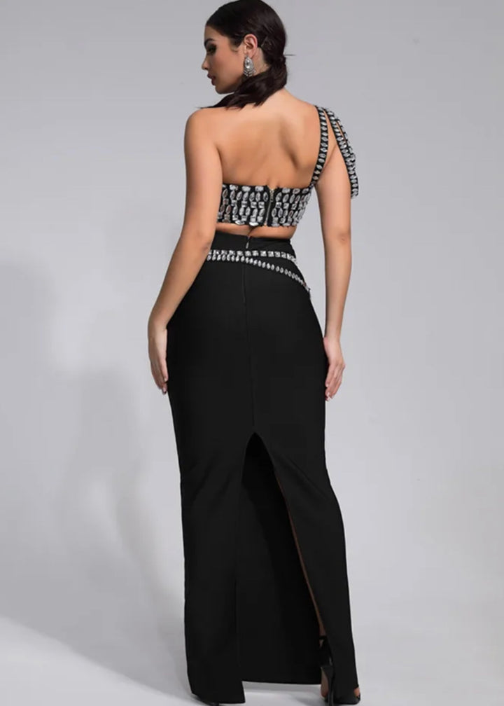 Rhinestone Draping Shoulder Two-Piece Dress