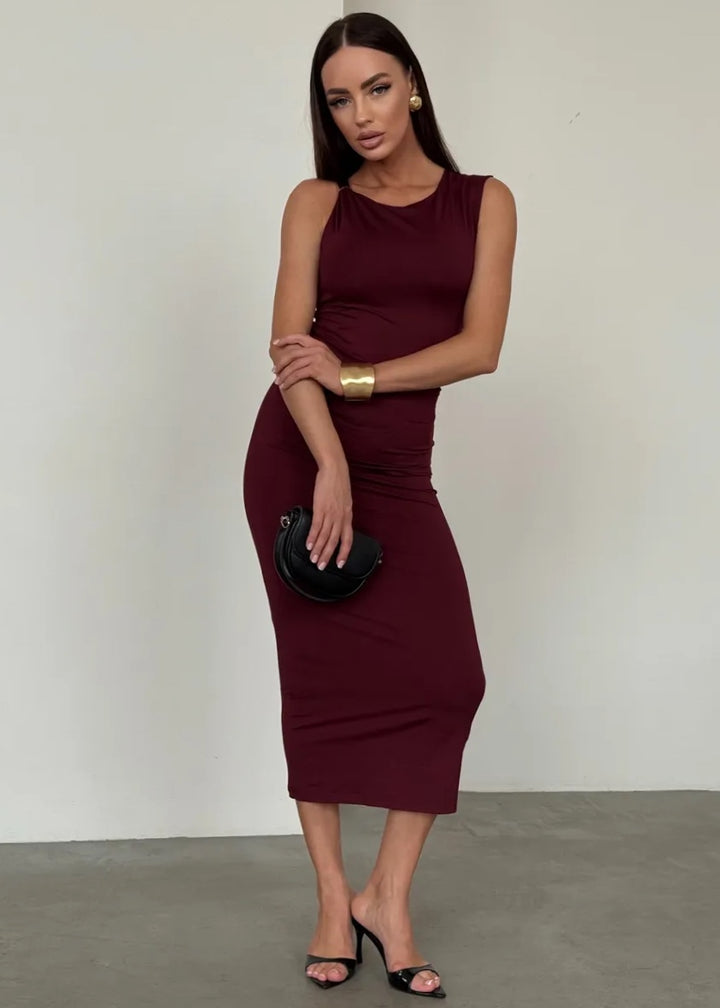 Draped Midi Dress with Gold Accent