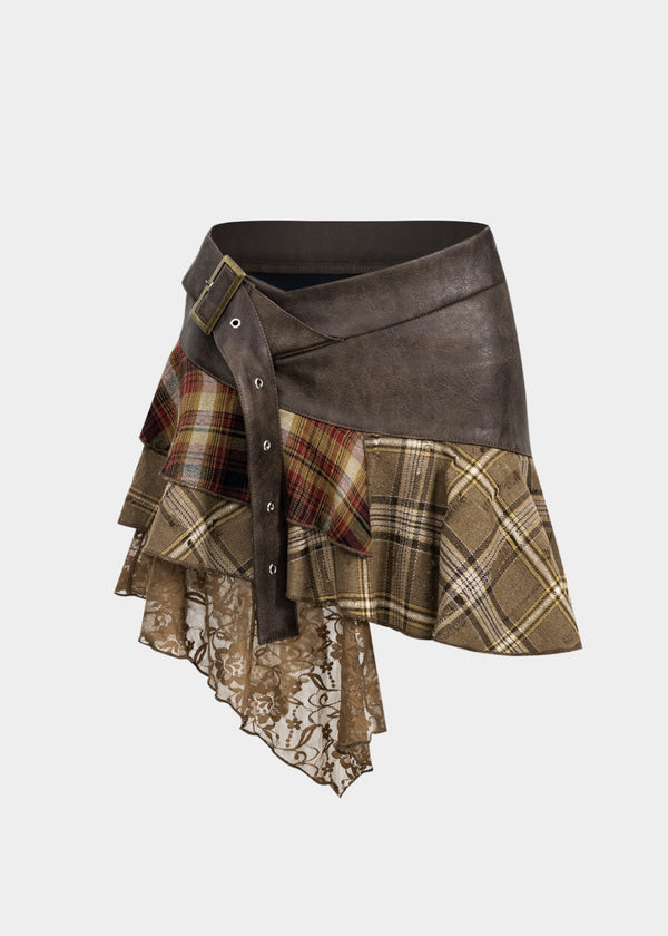 Plaid Ruffled Patchwork Faux Leather Skirt