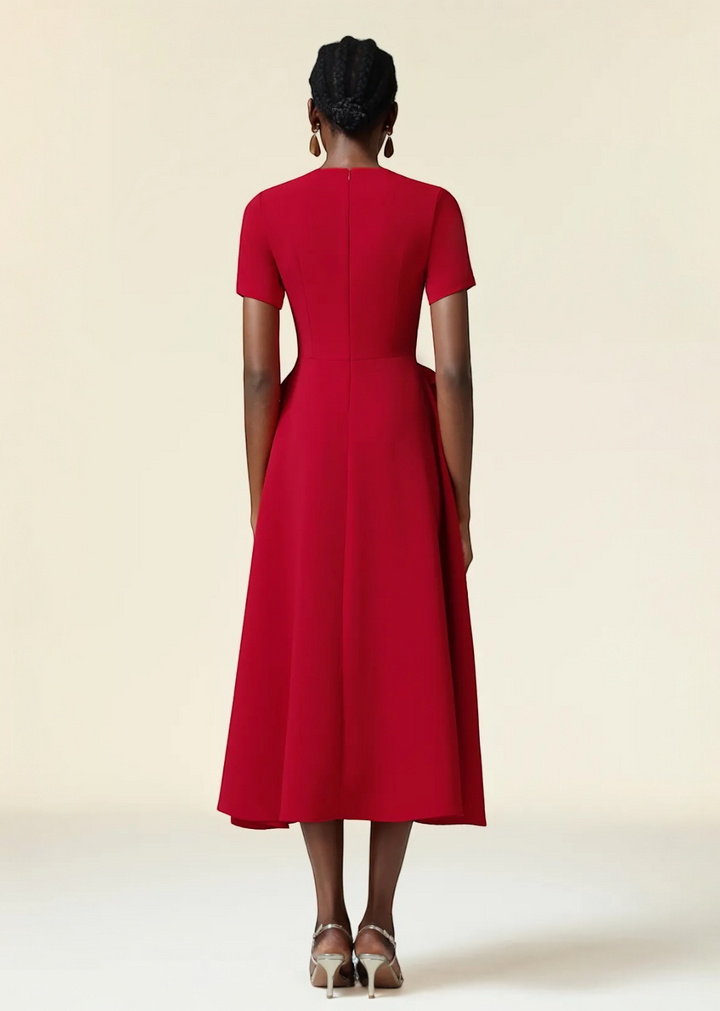 Waist Roses Short Sleeves Flared Skirt Midi Dress