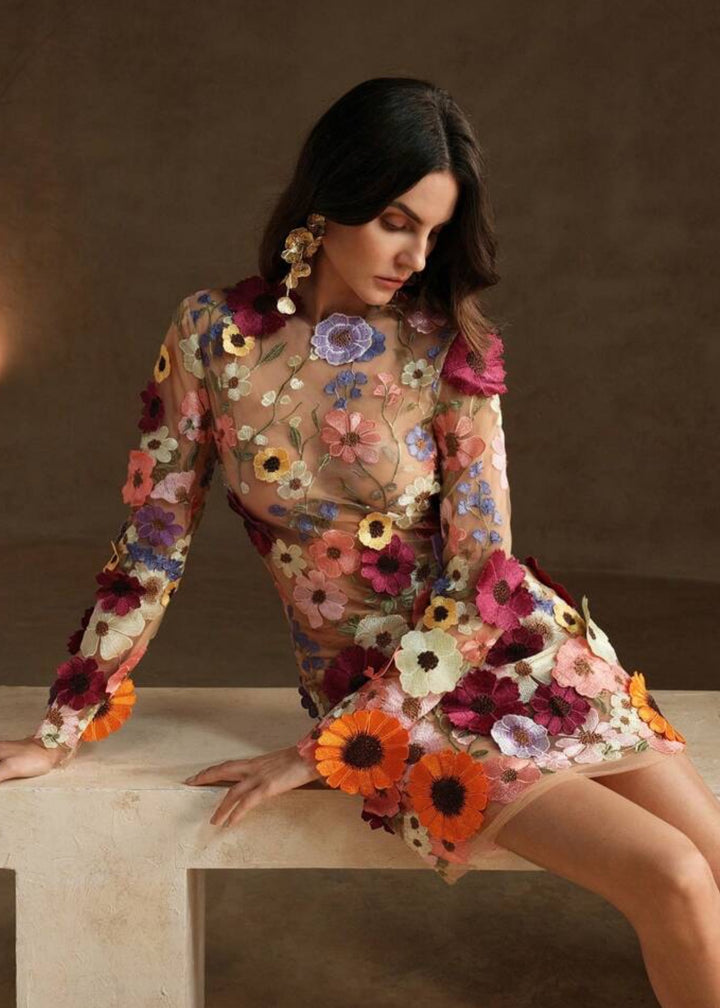 Floral Appliqué Open Back Mini Dress