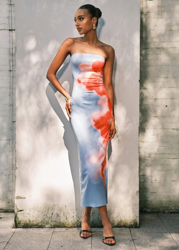 Floral Blur Print Strapless Bodycon Midi Dress