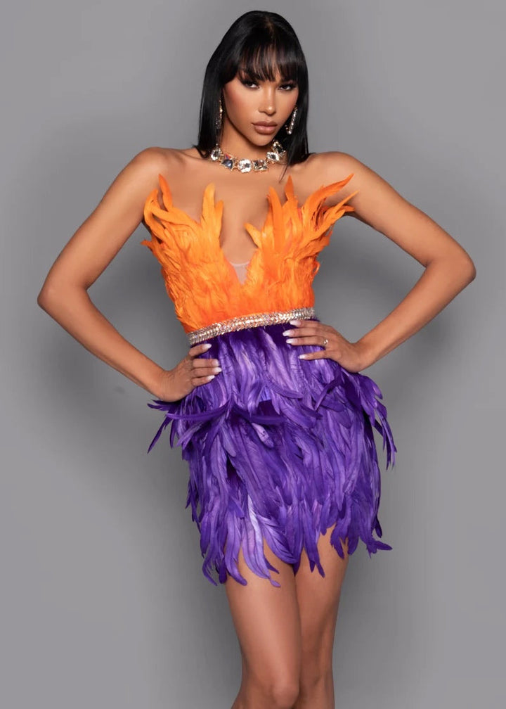 Strapless Contrast Color Feather Dress