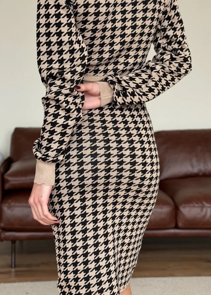 V-Neck Button Decor Houndstooth Midi Dress