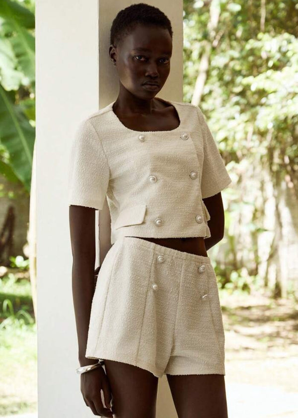 Double Breasted Tweed Pearl Button Cropped Top