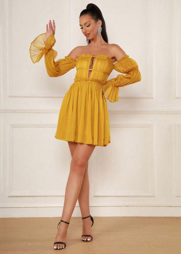 Off Shoulder Long Sleeve Mini Pleated Dress