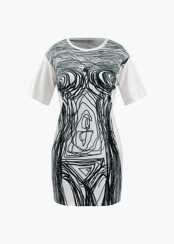 Abstract Line Print Short Sleeve Mini Dress