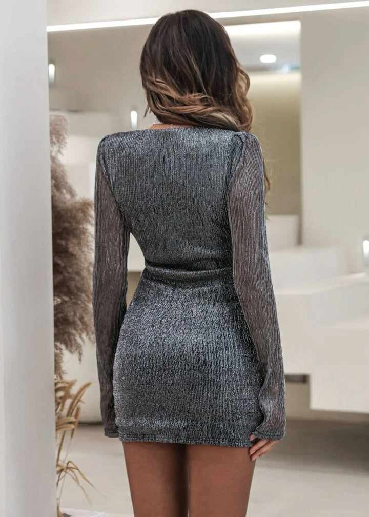 Plunging Neck Cut Out Ruched Glitter Bodycon Dress