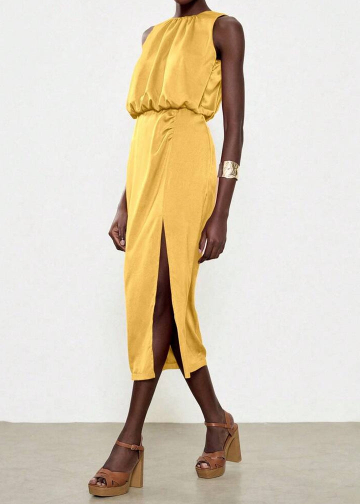 Sleeveless Side Slit Ruched Midi Dress