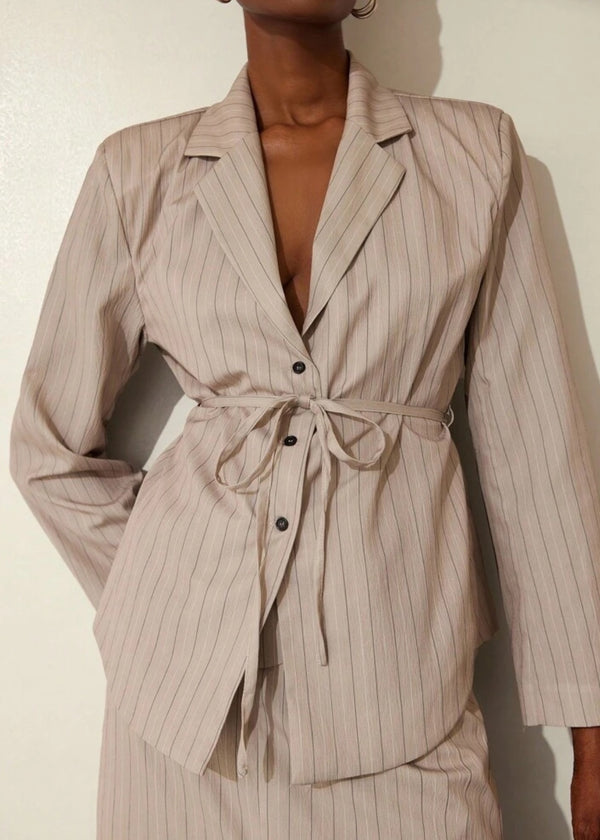Lapel Collar Pinstripe Tie Waist Blazer