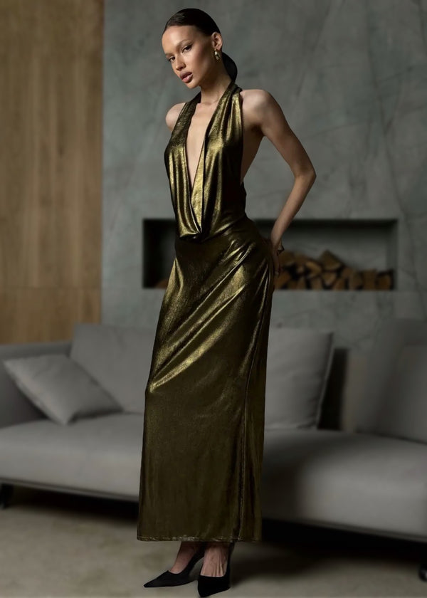 Deep V-Neck Backless Metallic Maxi Dress