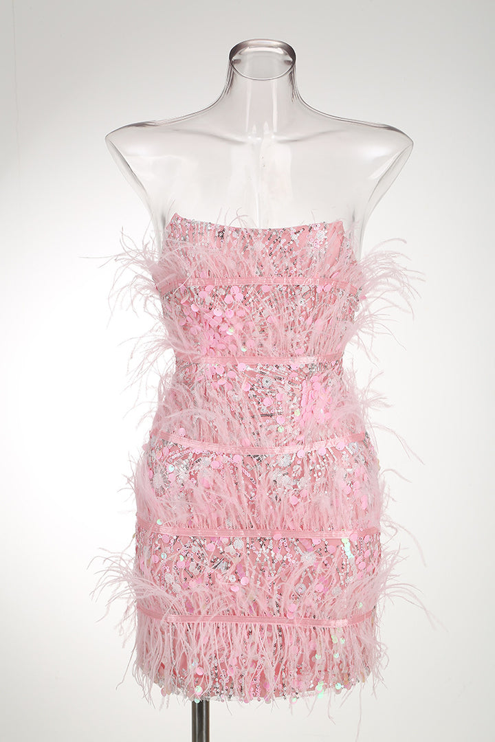 Strapless Feathers & Sequins Mini Party Dress