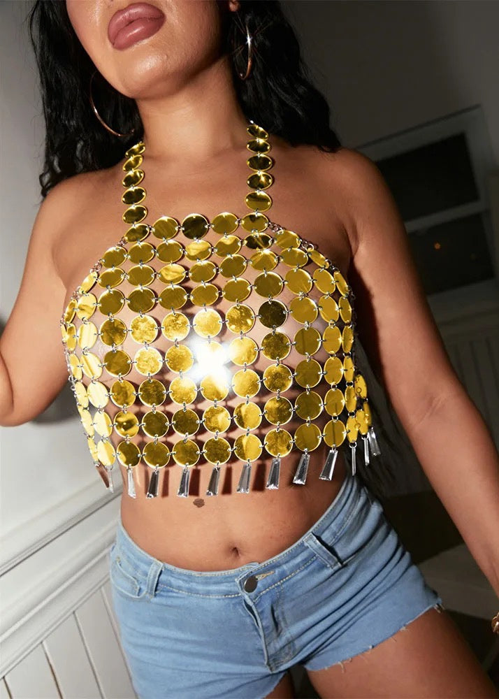 Halter Backless Chainmail Metallic Crop Top