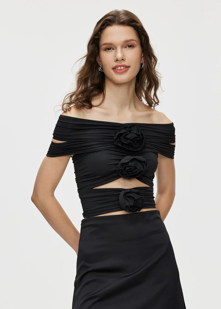 Off Shoulder Stereo Flower Cut Out Ruched Crop Top