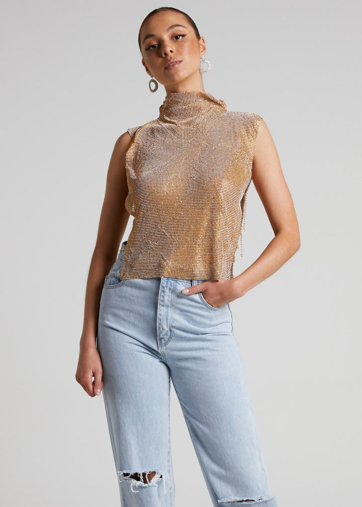 Turtleneck Rhinestones Side Chain Vest Top