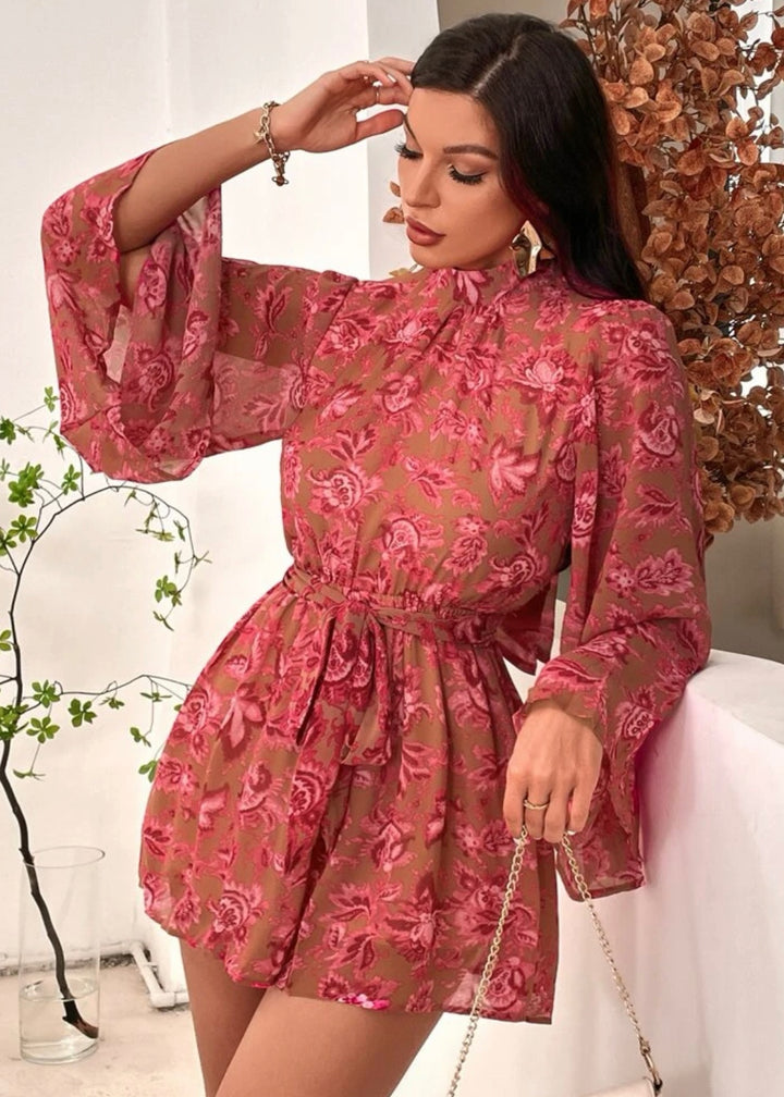 Floral Print Mock Neck Belted Romper