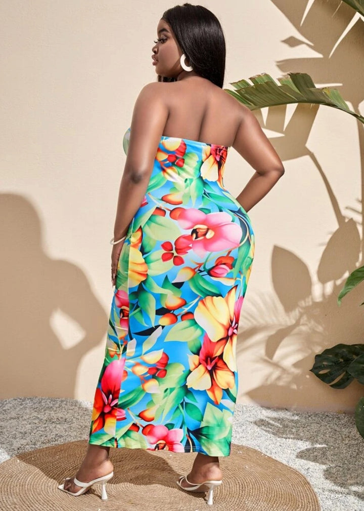 Tropical Floral Print Tube Bodycon Dress