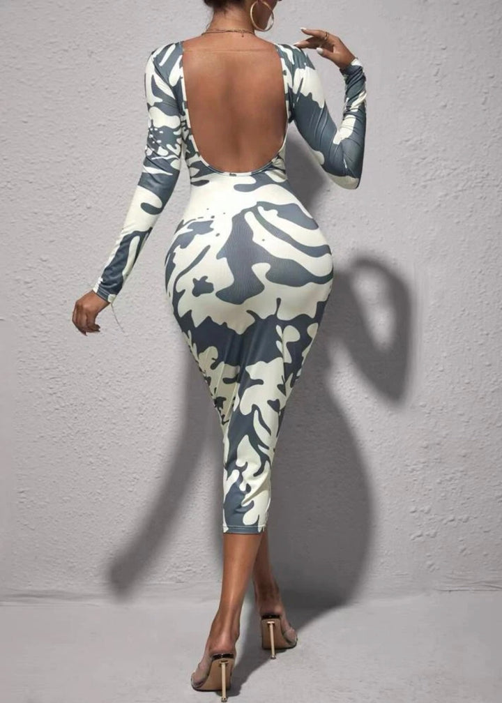 Graphic Print Backless Bodycon Dress