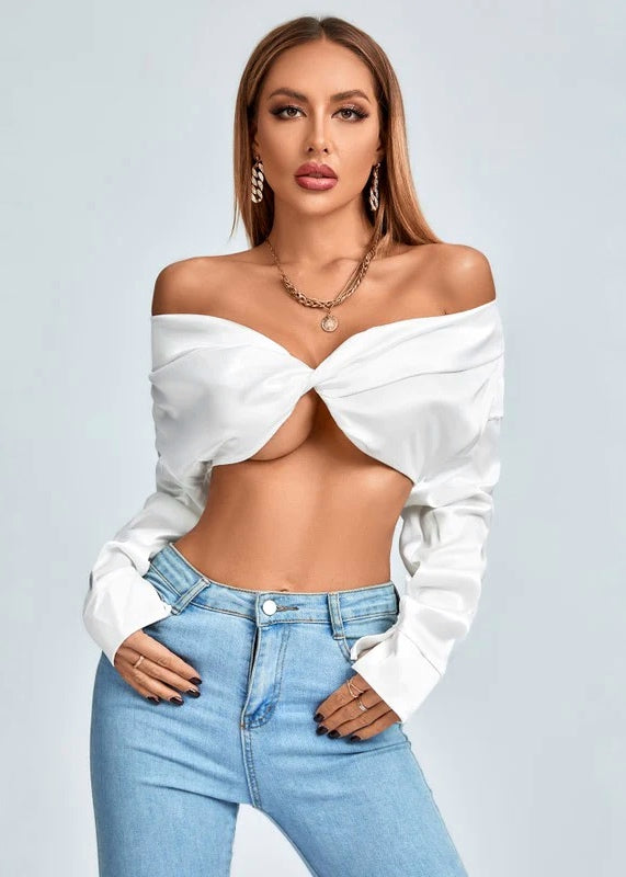 Twist Front Off Shoulder Long Sleeve Crop Top