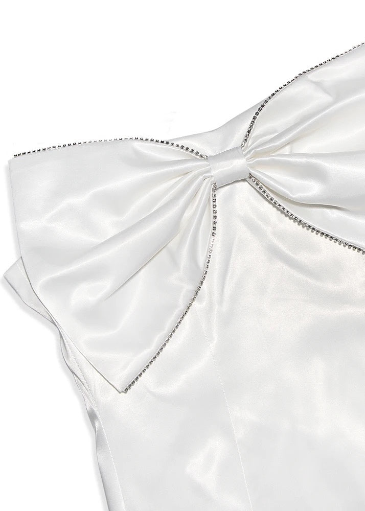 Embellished Bow Satin Strapless Mini Dress