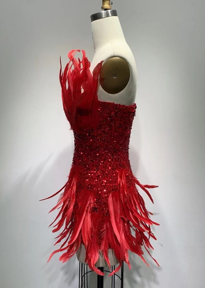 Strapless Feathers & Sequins Red Mini Dress