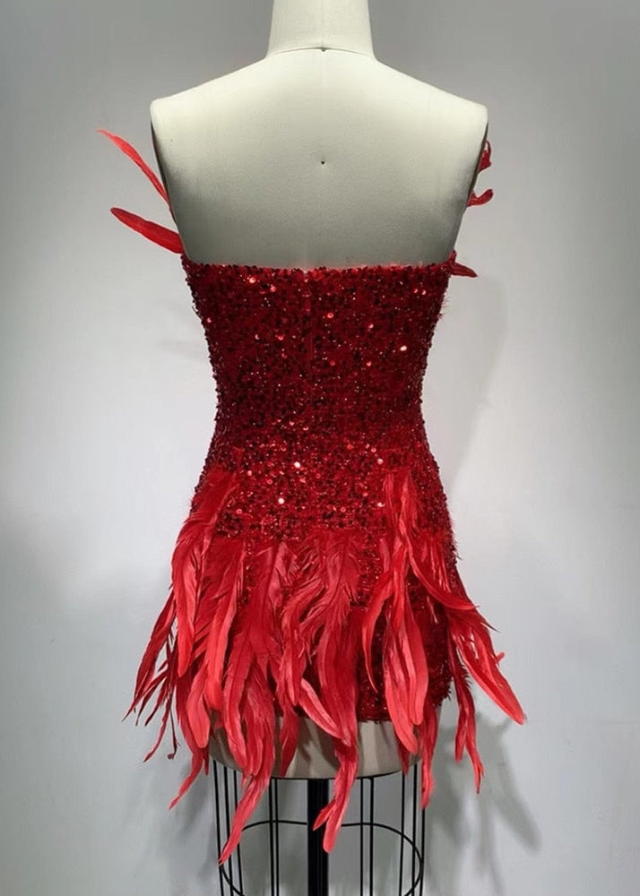 Strapless Feathers & Sequins Red Mini Dress