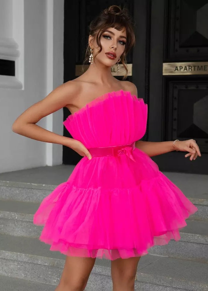 Bow Front Layered Tulle Cocktail Dress
