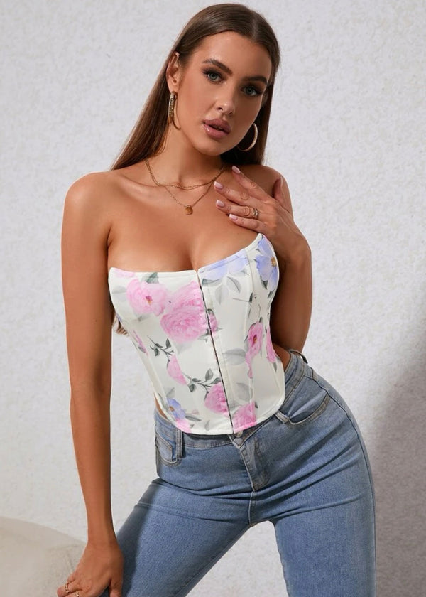 Floral Print Lace Up Back Tube Top