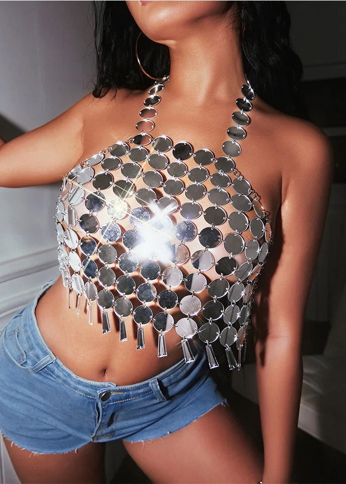 Halter Backless Chainmail Metallic Crop Top