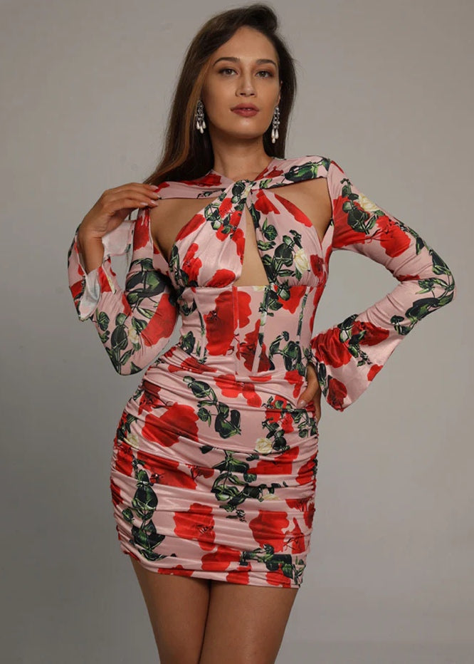 Flower Printed Ruched Cut Out Mesh Dress