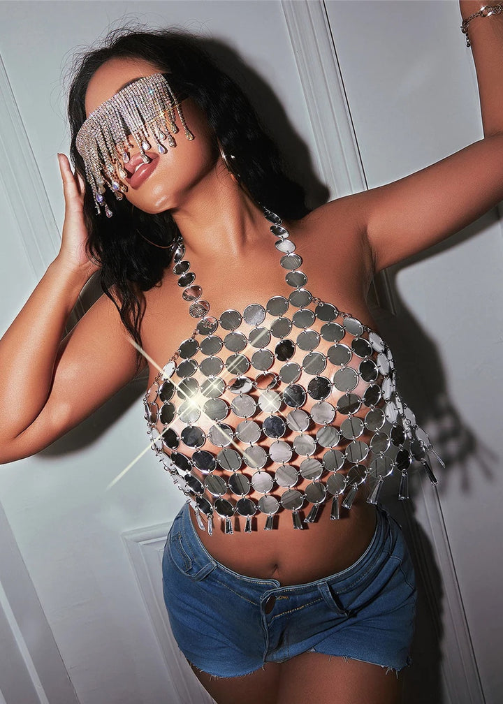 Halter Backless Chainmail Metallic Crop Top