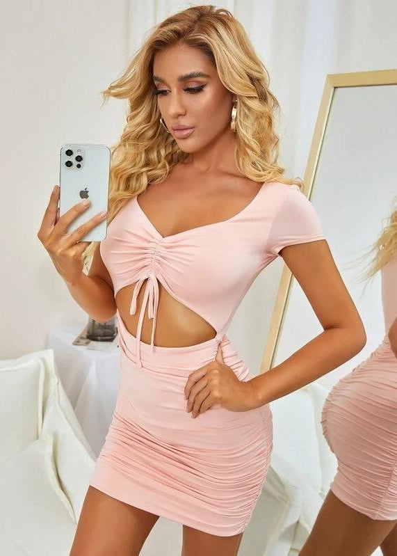 Ruched Drawstring Knot Cut-Out Bodycon Dress