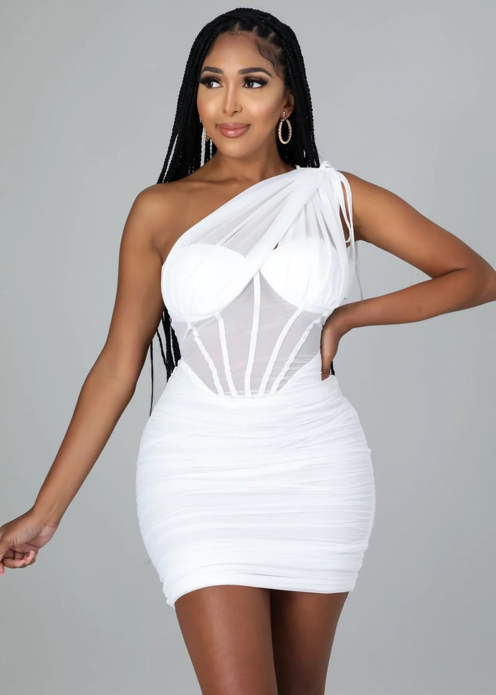 One Shoulder Corset Panel Mesh Overlay Ruched Dress
